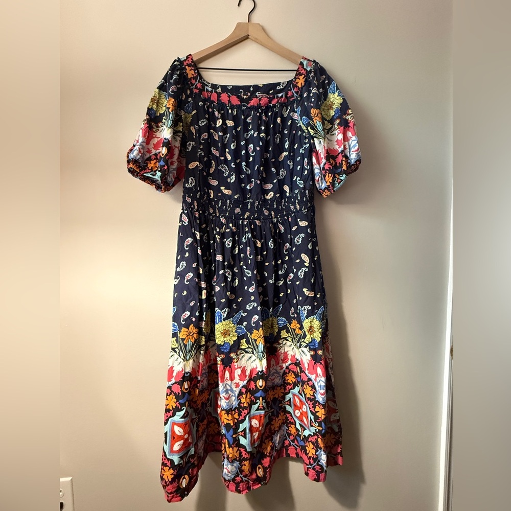 Anthropologie Navy Floral Midi Dress Sz L